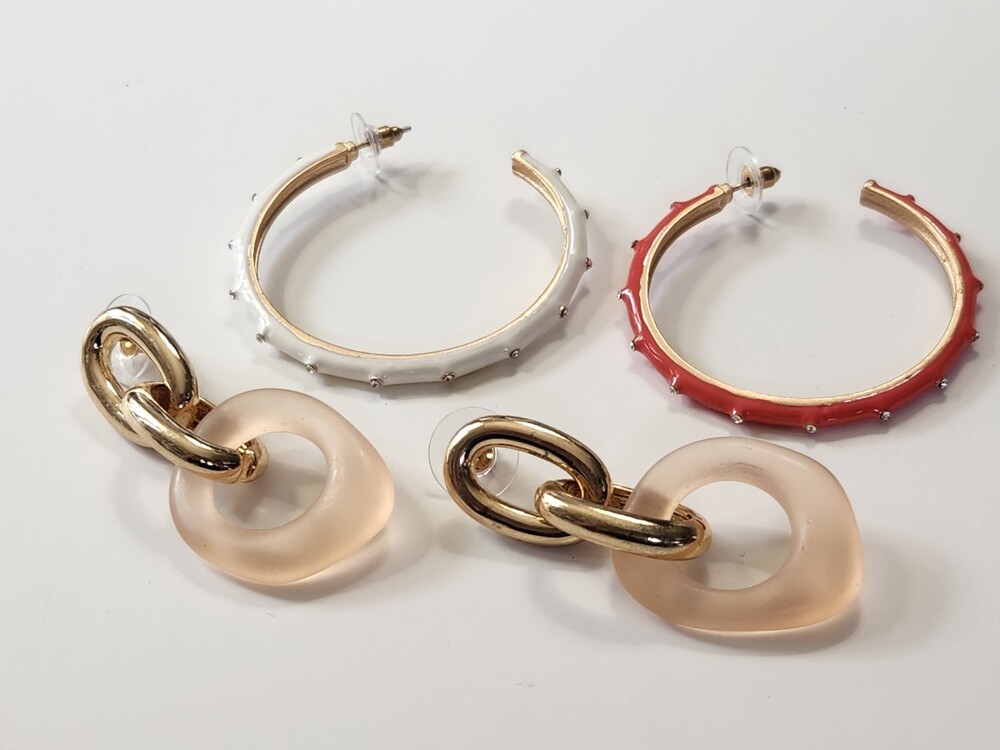 2 pr Earrings 3/4 Hoops Enamel Rhinestone & Chunky Goldtone Lucite Links 80s
